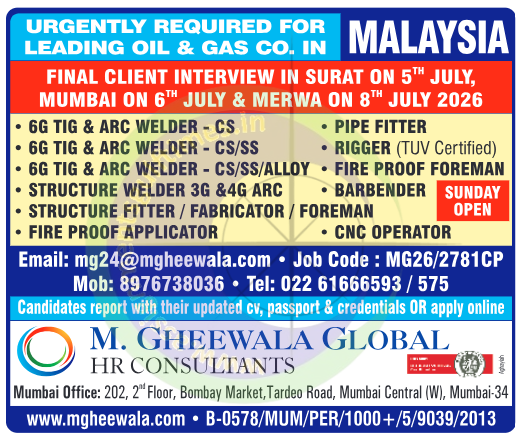 Urgent Oil & Gas Jobs in Malaysia 2026 | Walk-in Interviews in India - M. Gheewala Global
