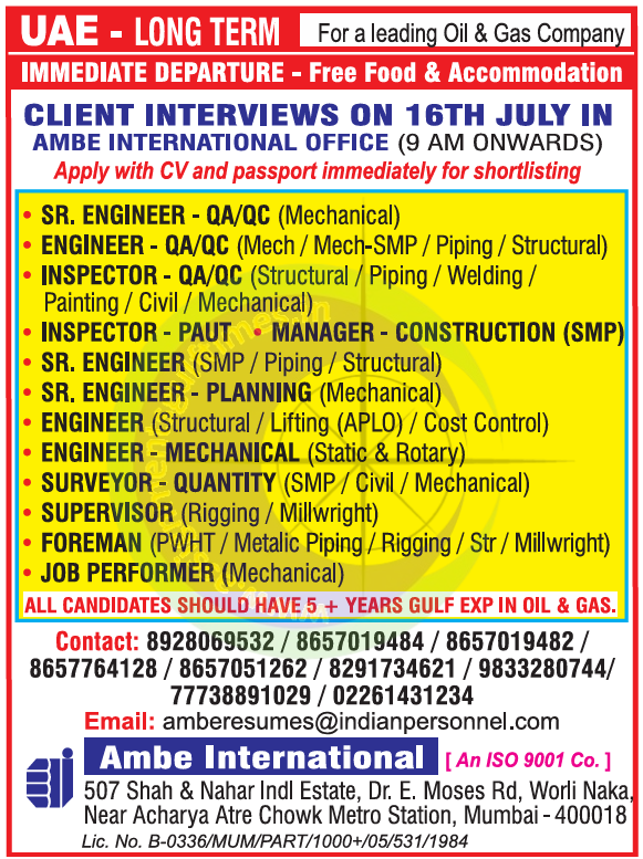 UAE Oil & Gas Jobs: Urgent Client Interviews for Engineers & Inspectors (Ambe International)