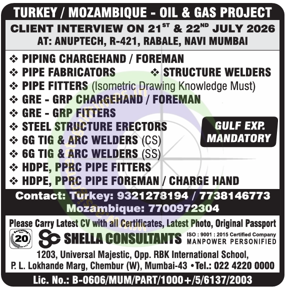 Walk-in Interview: Turkey & Mozambique Oil & Gas Jobs 2026 | Shella Consultants Gulf Recruitment