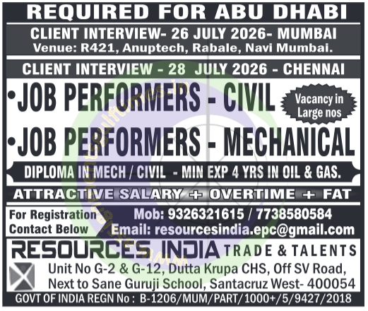 Abu Dhabi Oil & Gas Jobs: Civil & Mechanical Technicians Required for Client Interviews in Mumbai & Chennai