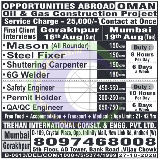 Oman Oil & Gas Construction Project Jobs 2024 | Trehan International Recruitment