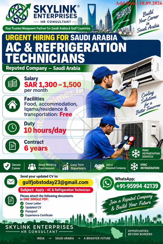 Urgent Hiring: AC & Refrigeration Technicians Jobs in Saudi Arabia (SAR 1500 + Benefits)