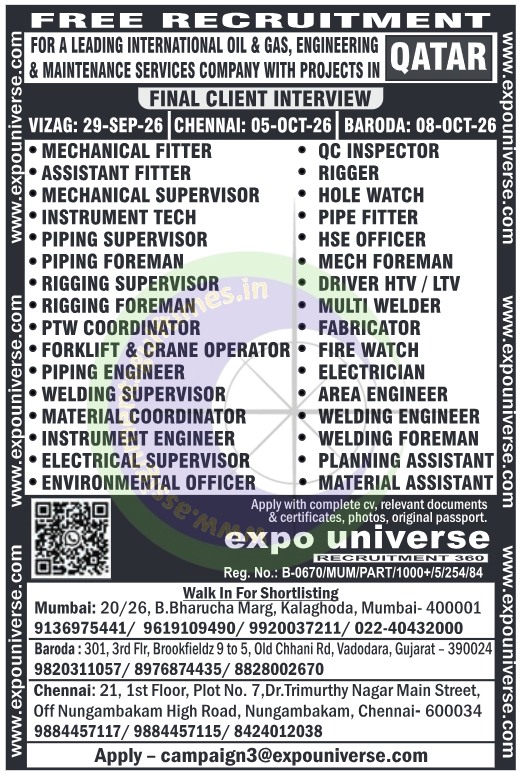 Free Recruitment Qatar: Oil & Gas, Engineering & Maintenance Jobs 2026 | Final Client Interviews