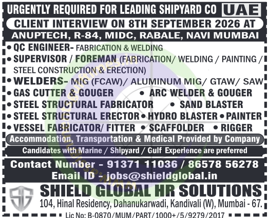 Urgent Shipyard Jobs in UAE 2026 | Client Interview in Mumbai | Apply Now!