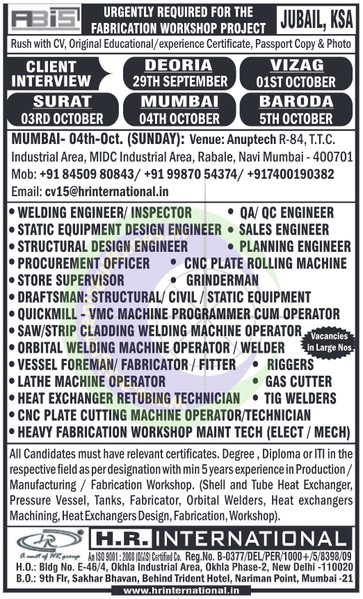 Urgent: Fabrication Workshop Jobs in Jubail, KSA | Client Interviews Across India