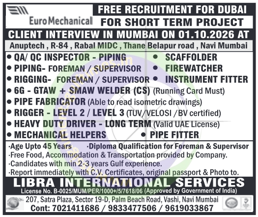 EuroMechanical Dubai Jobs 2026: Free Recruitment for Welders, Fitters, Riggers & More | Client Interview Navi Mumbai
