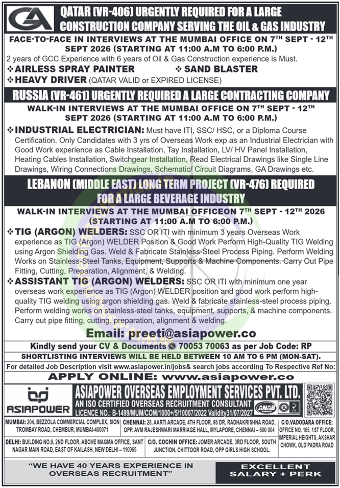 🚀 Urgent Gulf Jobs 2026: Qatar, Russia, Lebanon Walk-in Interviews in Mumbai - Apply Now!