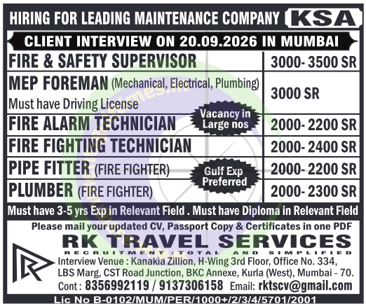 KSA Maintenance Jobs 2026: Direct Client Interview in Mumbai | Fire & MEP Roles
