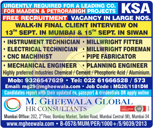 Urgently Required: Free Recruitment for KSA Maaden & Petrorabigh Projects | Walk-in Interviews