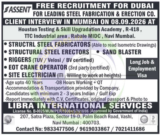 Free Recruitment Dubai: Urgent Steel Fabrication & Erection Jobs | Walk-in Interview Mumbai