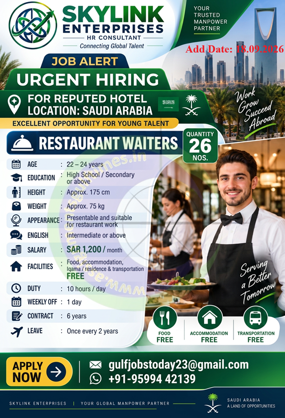 Urgent Hiring: Restaurant Waiters Jobs in Saudi Arabia - SAR 1200 + Benefits (Skystar Enterprises)
