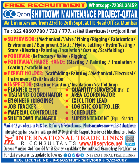 Qcon Qatar Shutdown Maintenance Project Jobs | Walk-in Interview Mumbai