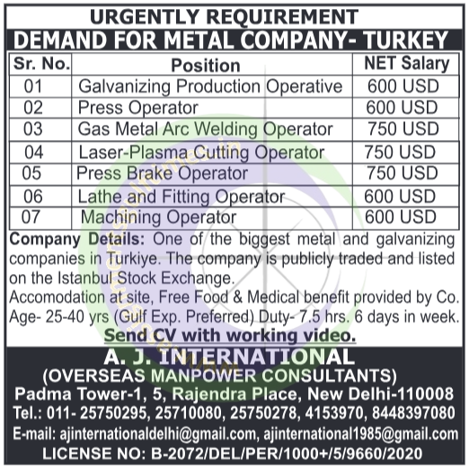 Urgent Metal & Galvanizing Jobs in Turkey | High-Paying Overseas Opportunities