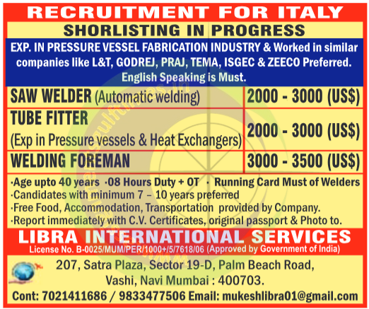 Urgent Italy Jobs 🇮🇹: Pressure Vessel Fabrication Experts Needed! (SAW Welder, Tube Fitter, Welding Foreman)