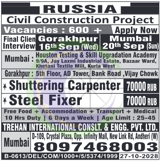 🚀 Civil Construction Jobs in Russia: 600+ Vacancies | Walk-in Interviews Mumbai & Gorakhpur
