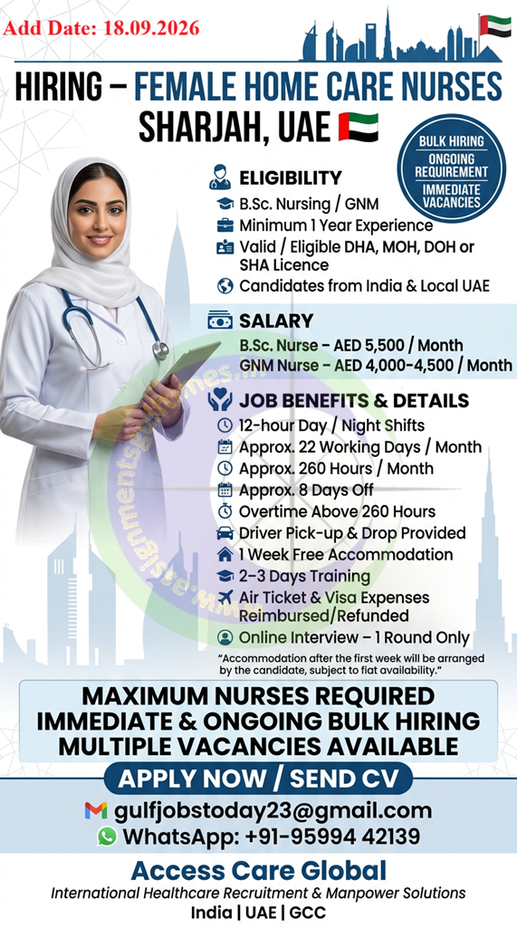 π©ββοΈ Hiring Female Home Care Nurses in Sharjah, UAE | Bulk Hiring & Excellent Benefits π¦πͺ