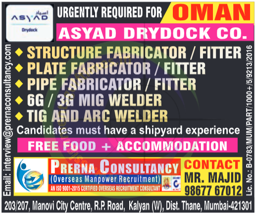 Urgent Drydock Jobs in Oman 🇴🇲: ASYAD Drydock Hiring Fabricators & Welders – Free Food & Accommodation!