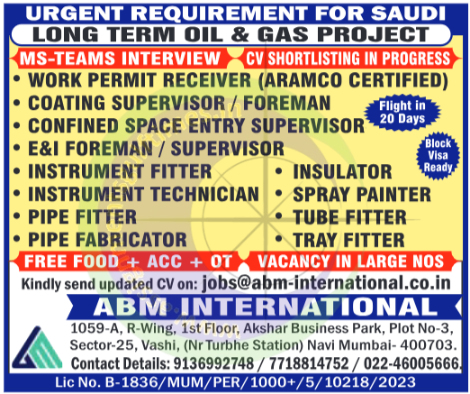 Urgent Oil & Gas Jobs Saudi Arabia | ABM International Long Term Project 2023-2024