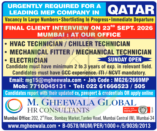 URGENT: Qatar MEP Company Jobs 2026 | Walk-in Interview Mumbai for HVAC, Mechanical & Electrician Roles