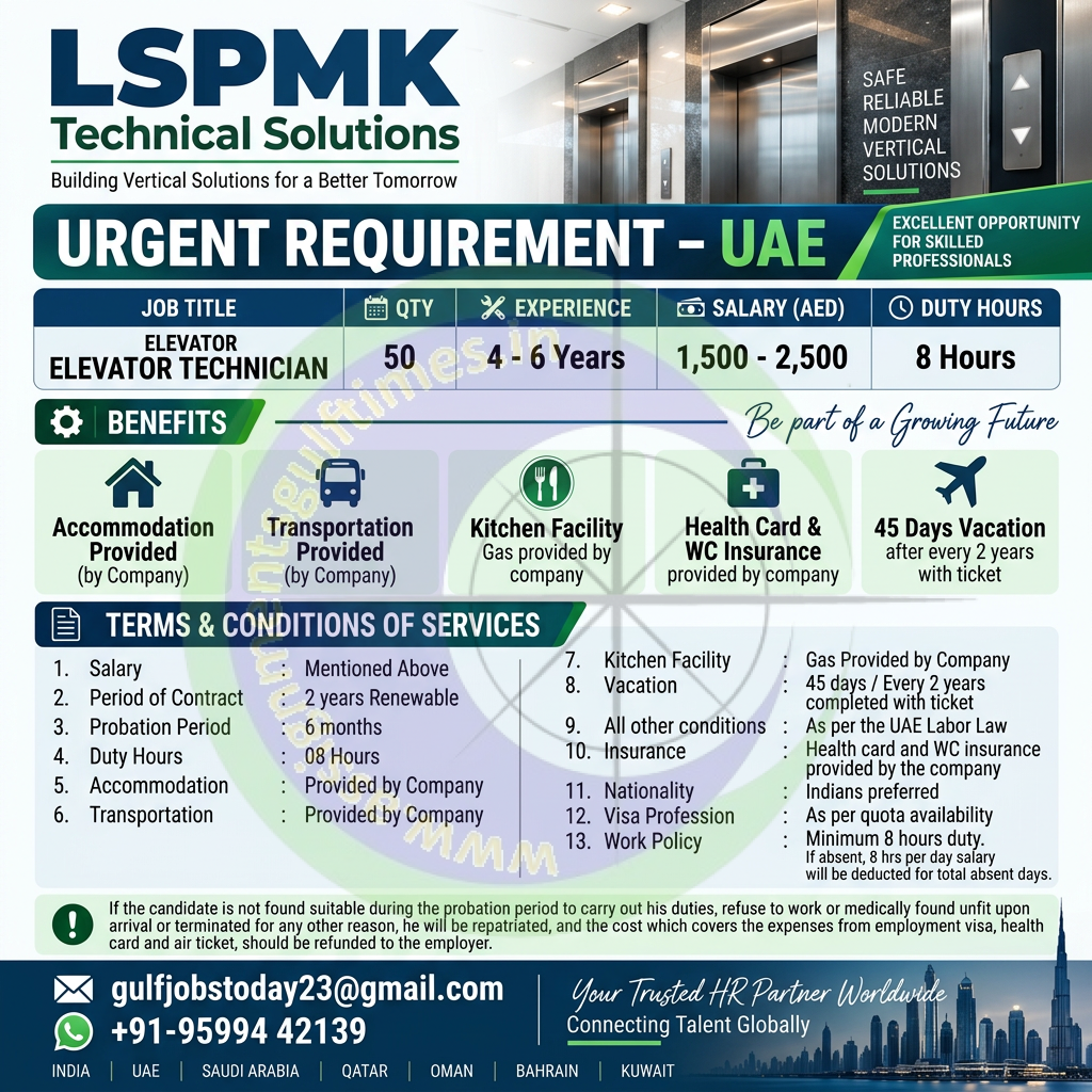 🚨 Urgent Hiring: Elevator Technician Jobs in UAE with LSPMK Technical Solutions! Apply Now! 🇦🇪