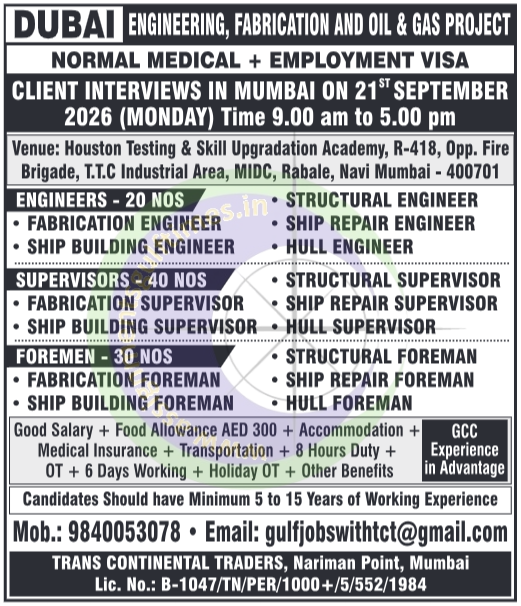 Urgent Dubai Engineering & Fabrication Jobs: Walk-in Interviews in Mumbai (21st Sep 2026)
