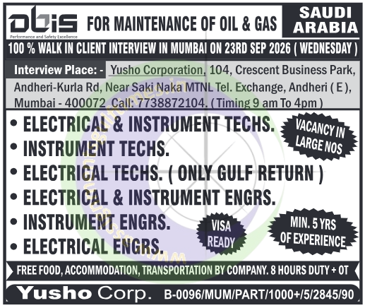 Saudi Arabia Oil & Gas Jobs 2026: Walk-in Interview for Electrical & Instrument Technicians & Engineers in Mumbai