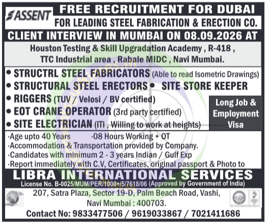 Free Recruitment Dubai: Urgent Steel Fabrication & Erection Jobs | Client Interviews in Mumbai