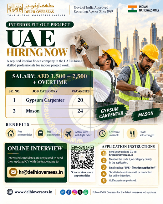 UAE Interior Fit-Out Jobs 2024: Gypsum Carpenter & Mason Vacancies | Delhi Overseas Recruitment
