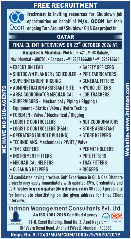 Free Recruitment: Shutdown Oil & Gas Jobs in Qatar πΆπ¦ with Qcon | Indman Walk-in Interviews 2026