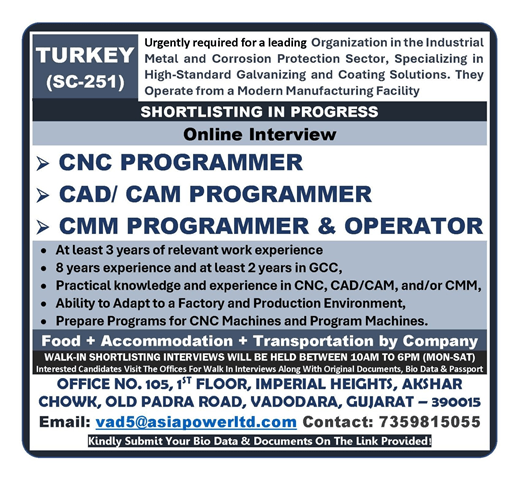 Urgent Requirement: CNC, CAD/CAM, CMM Programmer & Operator Jobs in Turkey - Industrial Metal & Corrosion Protection Sector