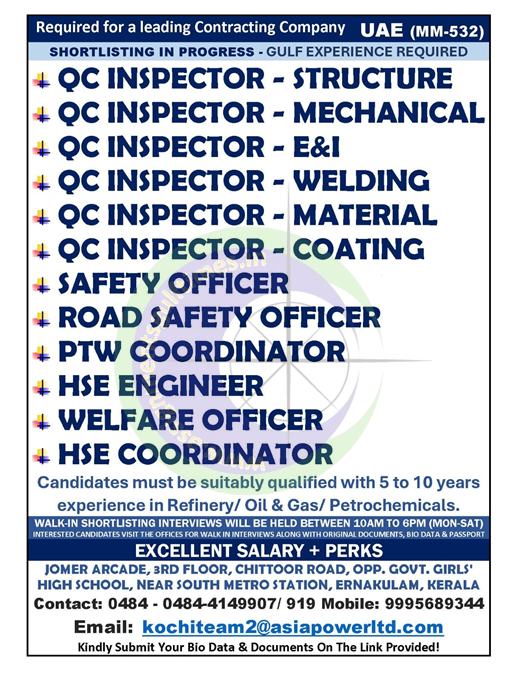 Gulf Jobs: Walk-in Interviews for QC Inspectors, HSE & Safety Officers in UAE (Refinery/O&G)