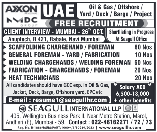 UAE Oil & Gas Jobs: Foreman, Chargehand, Technicians | Free Recruitment Mumbai Interview