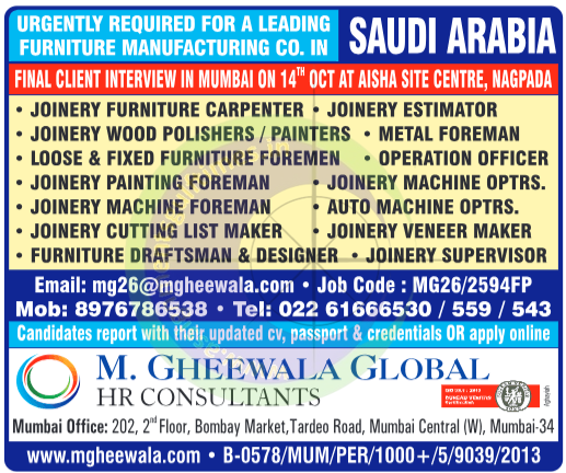 Urgent Recruitment: Furniture Manufacturing Jobs in Saudi Arabia - Final Client Interview in Mumbai!