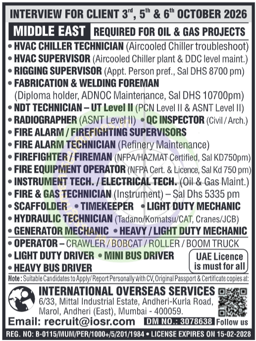 Urgent Hiring: Middle East Oil & Gas Jobs 2026 | Walk-in Interviews in Mumbai for Technicians & Drivers