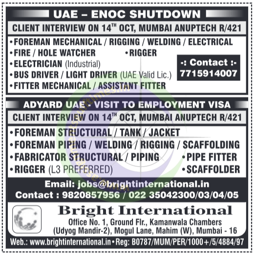 UAE ENOC Shutdown & Adyard Projects: Urgent Walk-in Interviews in Mumbai for Gulf Jobs 2024