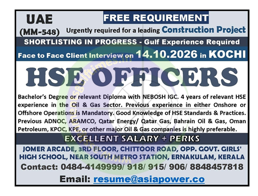 HSE Officers Jobs in UAE for Leading Construction Project (MM-548) | Free Recruitment
