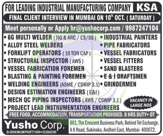 Urgent KSA Jobs: Final Client Interview for Yushocorp Industrial Manufacturing in Mumbai – Apply Now!