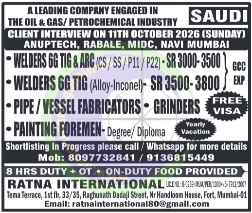 Urgent Hiring: Skilled Trades for Oil & Gas/Petrochemical Industry in Saudi Arabia - Client Interview Mumbai
