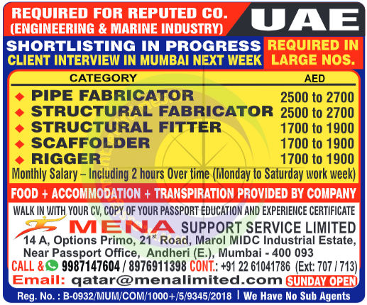 UAE Engineering & Marine Jobs: Urgent Walk-in Interviews in Mumbai for Fabricators, Fitters, Riggers & Scaffolders